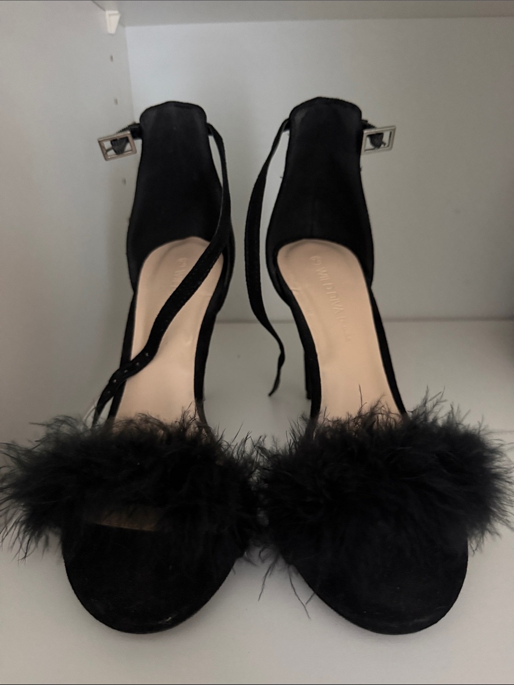 Black Feather Trim Ankle-Strap Women's Heels